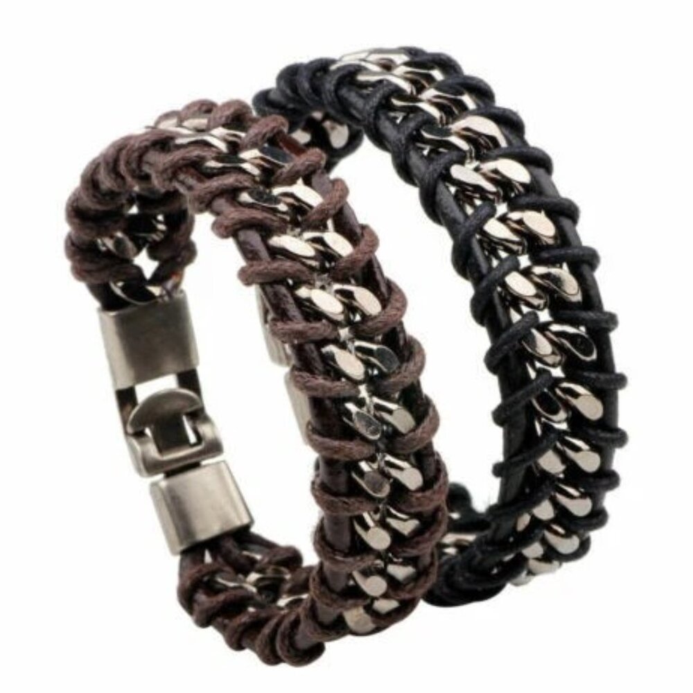 8" Men's Braided Woven Leather Stainless Steel Cuban Chain Cuff Bangle Bracelet